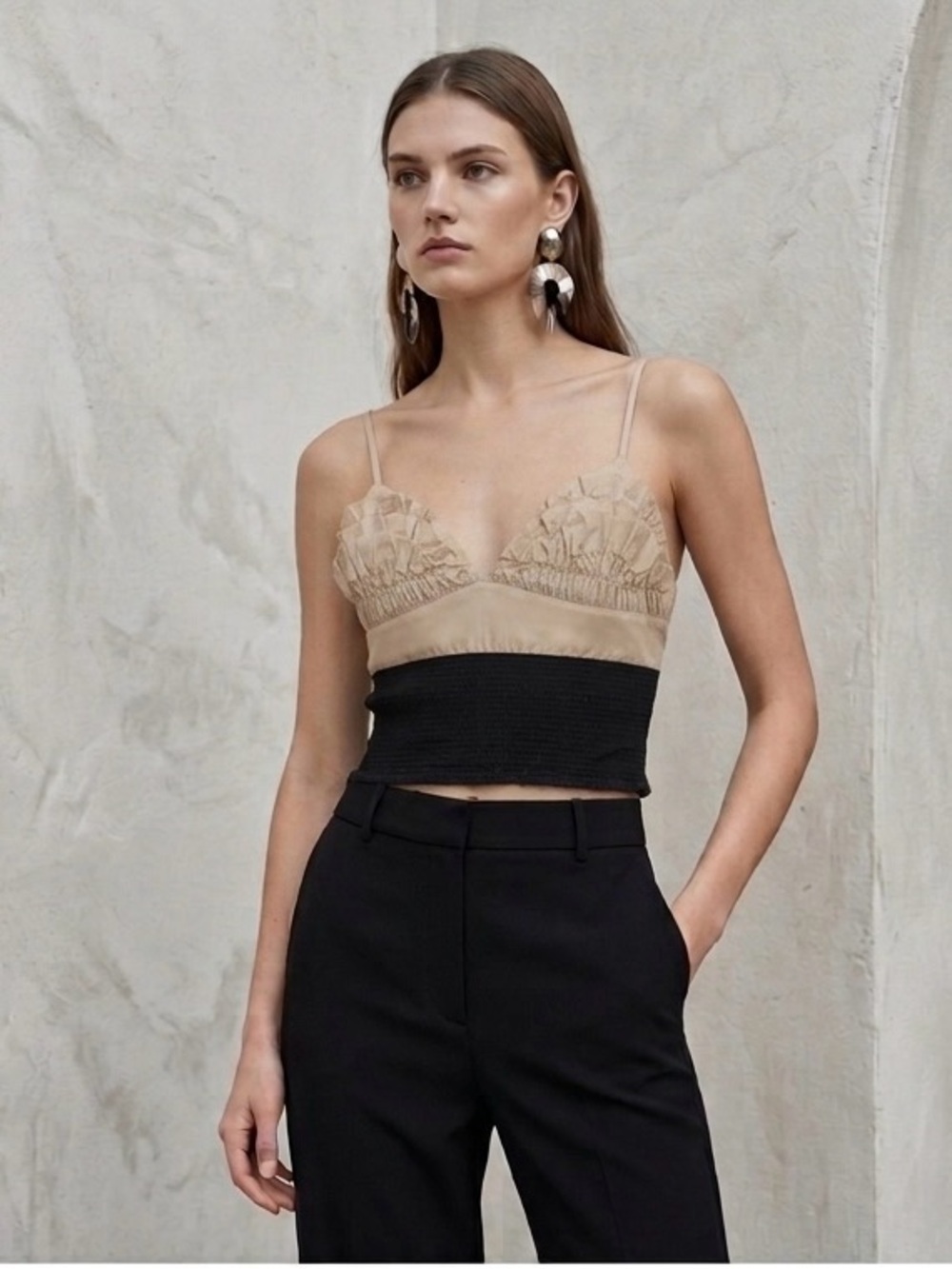 Zara Beige Two Tone Bodice Crop Top with Black Waist NWT Size Medium